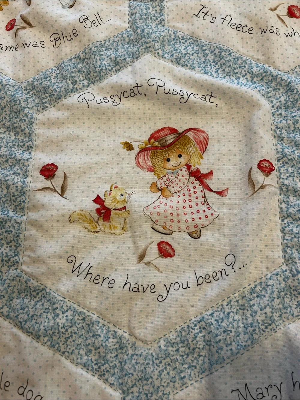 Vintage 80s baby blue and white blanket nursery rhyme spring mills hexagon 46x46